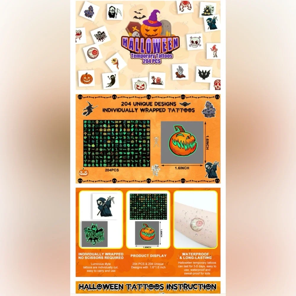 Halloween Tattoos for Kids, Individually Wrapped Glow In the Dark Kids Tattoos
